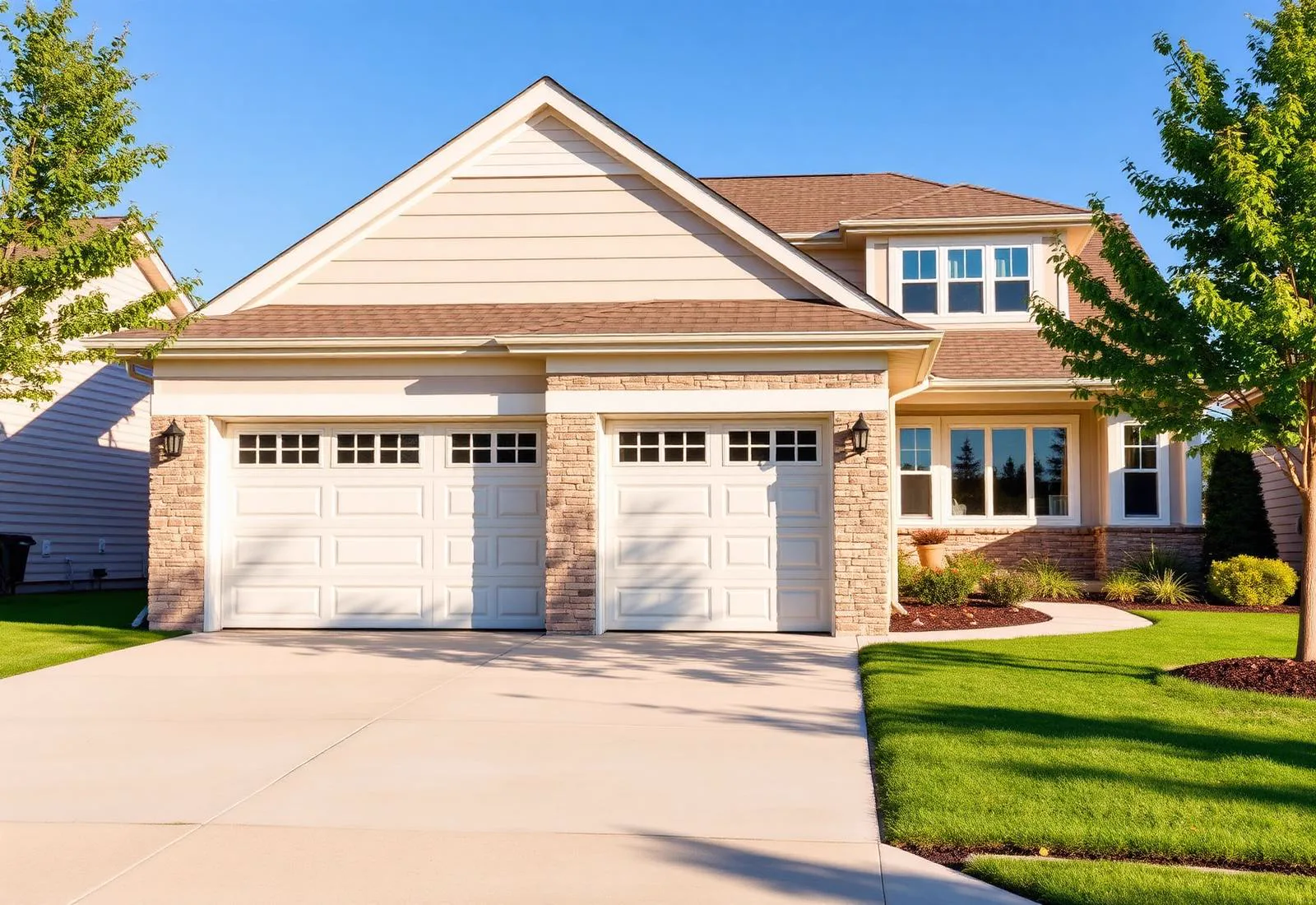 Modern suburban home with a clean two-car residential garage door